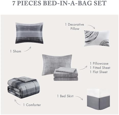 Madison Park Essentials Twin Comforter Set, Bed in a Bag, Watercolor Print Coastal Comforter & Chambray Cotton Sheet Set, All Season Bedding Set, Saben, Black Twin (68 in x 86 in) 7 Piece - Image 6