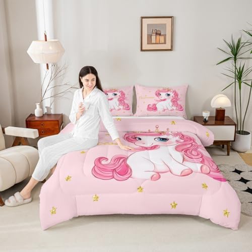 Erosebridal Pink Unicorn Toddler Bed Comforter Set for Girls | Kawaii Princess Unicorn Bedding Set Cute Stars Reversible Bed Sets Girly Cartoon Horse Quilt Comforter Fantasy Girls Room Decor,2 Pcs - Image 5