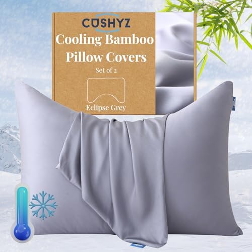 Cooling Pillow Covers for Curved Pillows – Queen 2-Pack 28x20 Eclipse Grey – Moon-Shaped Zippered Pillowcases, 100% Rayon Derived from Bamboo, Ultra-Soft, Silky, Breathable, & Wrinkle‑Resistant by Cushyz