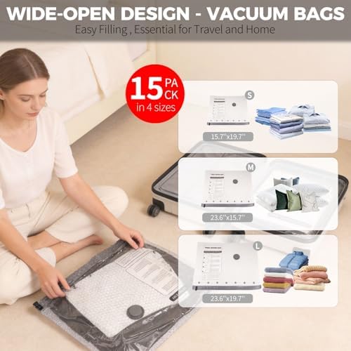 15 Pack Vacuum Storage Bags for Travel with Pump, 3 Sizes - Image 3