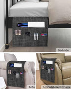 Sofa Armrest Organizer Bedside Caddy, Black Burlap Texture Non Slip Couch Remote Control Holder for Recliner, Farmhouse Vintage Black Armchair Caddy with Pocket for Magazine, Phone, 19.7"x35" - Image 5