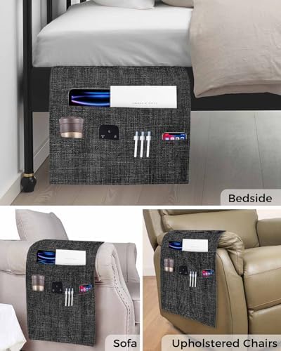 Sofa Armrest Organizer Bedside Caddy, Black Burlap Texture Non Slip Couch Remote Control Holder for Recliner, Farmhouse Vintage Black Armchair Caddy with Pocket for Magazine, Phone, 19.7"x35" - Image 5