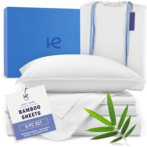 Kickoff Viscose Bamboo Sheets Split King Size 5-pc 100% Organic Bamboo Viscose Bed Cooling Sheets Split King Size Set Cool Bedding for hot Sleepers Sheet Set - Gift Ready Packaging (White, SK) by KickoffHome