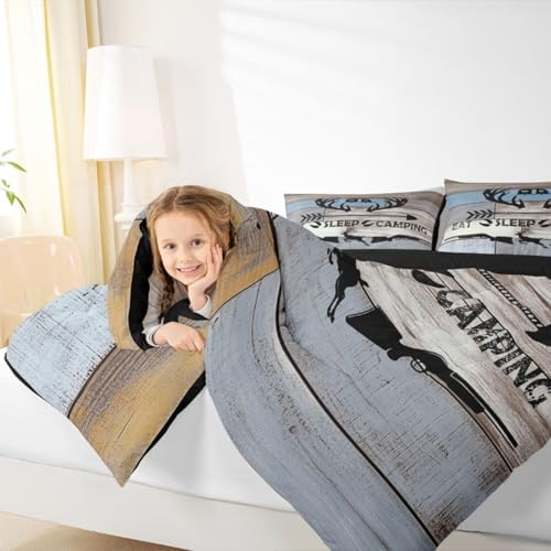 Erosebridal Camping Hunting Bedding Sets Rustic Elk Deer Down Comforter King Farmhouse Camper Theme Bedding Comforter Set for Kids Adults,Eat Sleep Hunt and Camp Quilt Set 2 Pillow Cases Grey Blue - Image 5