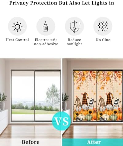 Window Privacy Film Frosted, Thanksgiving Fall Non-Adhesive Static Cling Window Tint, Gnomes Pumpkin Flower Maple Leaf Plaid Insulated Windows Frosted Films for Living Room, 35.4 x 78.7 Inches - Image 6