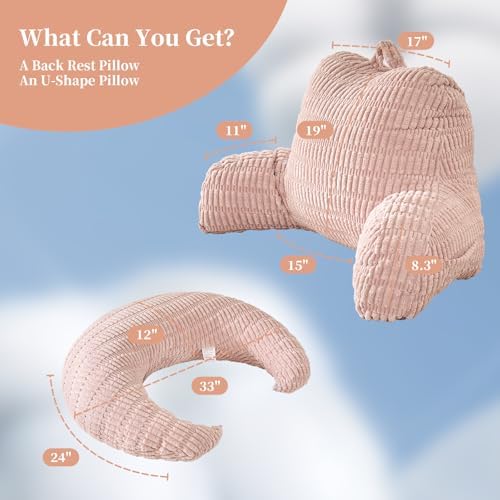19" Reading Pillow for Bed,U Shaped Arm & Elbow Support,Pink Corduroy - Image 3