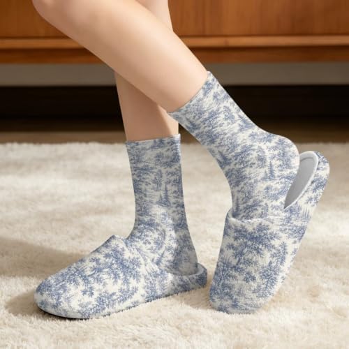 Toile de Jouy Fuzzy Slipper with Socks for Women Cozy Slipper Indoor - Image 2
