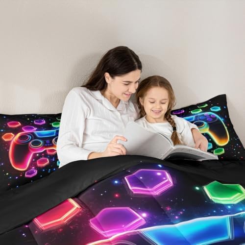 Game Consoles Kids Boys Reversible Comforter Set Twin Size,Gaming Bedding Sets Gamer Room Decor Gifts Galaxy 3D Neon Honeycomb Video Games Polyester Quilt Set,1 Pillowcase (Red Green Blue) - Image 3