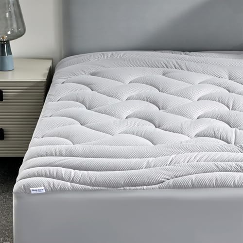 SLEEP ZONE Cooling Queen Mattress Topper for Single Bed, Premium Zoned Quilted Mattress Pad, Fitted Mattress Protector Cover, Machine Wash Durable, Deep Pocket 8-21 inch (Silver Grey, Queen) by SLEEPZONELIFE