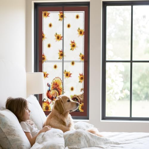 Window Privacy Film Frosted, Thanksgiving Fall Static Cling Door Window Covering, Turkey Sunflowers Pumpkin Brown Striped UV Blocking Windows Film for Office, Hotel, Bedroom, 29.5 x 78.7 Inches - Image 2