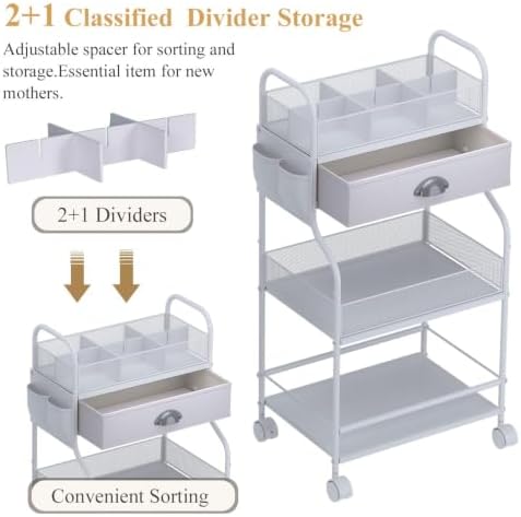 Baby Diaper Caddy Cart Organizer -3 Tier, Bedside Nursery Essentials Organizer & Storage Holder for Newborn Baby Stuff, 2+1 Dividers, 1 Drawer,Rolling Utility Cart for Bedroom,Changing Table, Crib. - Image 3