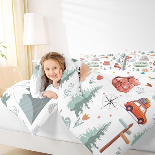 Kids Camper Theme Comforter Set Full 3Pcs, Happy Camping Bedding for Toddler, Travel Car Rv Accessories Down Comforter, Botanical Flowers Mountain Adventure Quilt, Cute Camper Duvet Set Room Decor - Image 6