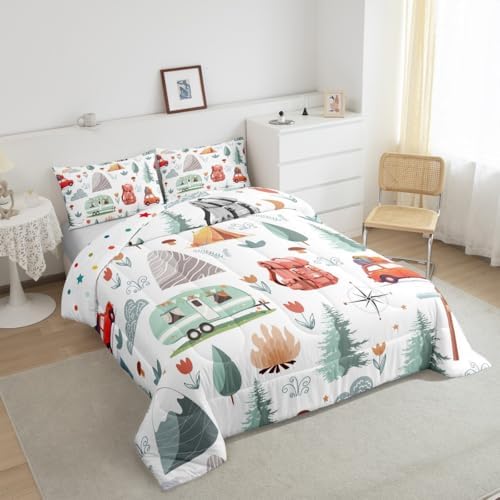 Kids Camper Theme Comforter Set Full 3Pcs, Happy Camping Bedding for Toddler, Travel Car Rv Accessories Down Comforter, Botanical Flowers Mountain Adventure Quilt, Cute Camper Duvet Set Room Decor - Image 2