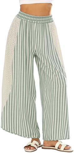 Athlisan Womens Summer Casual Loose Striped Wide Leg Lounge Pants Elastic Waist Palazzo Trousers by AthlisanFashion