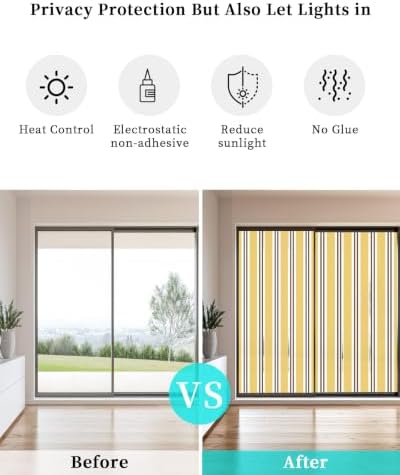 Window Privacy Film Frosted, Yellow Brown Striped Static Cling Door Window Covering, Modern Farmhouse Vertical Stripes UV Blocking Windows Film for Office, Hotel, Bedroom, 29.5 x 78.7 Inches - Image 6