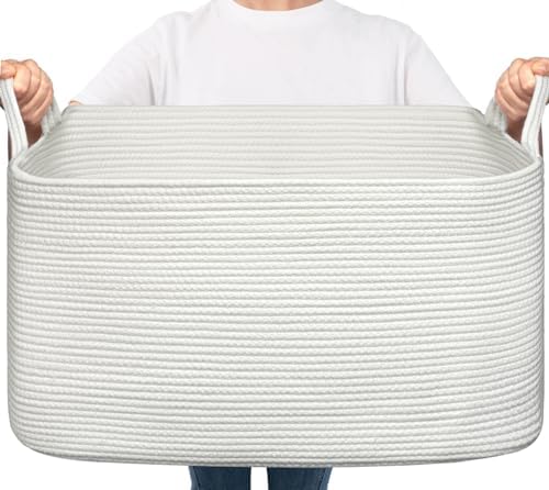 Goodpick Large Woven Rope Blanket Basket, Rectangle, White, 75L by Goodpick