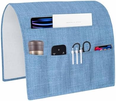 Sofa Armrest Organizer Bedside Caddy, Blue Burlap Texture Non Slip Couch Remote Control Holder for Recliner, Farmhouse Vintage Blue Armchair Caddy with Pocket for Magazine, Phone, 19.7"x35" by Unknown