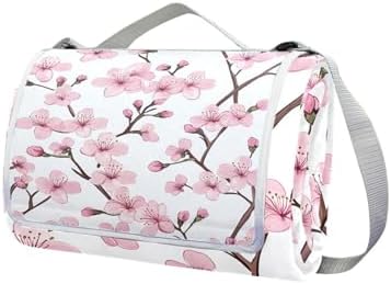 Mnsruu Picnic Blanket Waterproof Foldable, Floral Cherry Blossoms and Branches Pink Large Outdoor Picnic Blanket Beach Blankets Camping Blanket Travel Mat, Shoulder Strap Tote, Rectangle 57x59in - Image 5