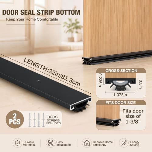 FoldTier 2 Pack Black 32 Inch Door Sweep for Bottom, Door Draft Stopper - Image 2
