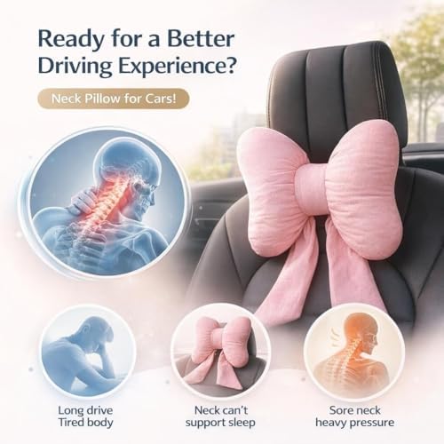 2Pcs Cute Car Neck Pillow Pink Butterfly Bow Car Headrest Pillow Comfortable Seat Neck Rest and Waist Support Kit for Driving Travel, Girl Style Interior Decor Accessories(Blue Plaid 2 Pcs) - Image 4