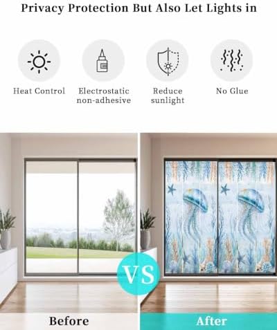 Window Privacy Film Frosted, Coastal Jellyfish Non-Adhesive Static Cling Window Tint, Blue Ocean Coral Summer Beach Seaweed Insulated Windows Frosted Films for Living Room, 35.4 x 78.7 Inches - Image 6