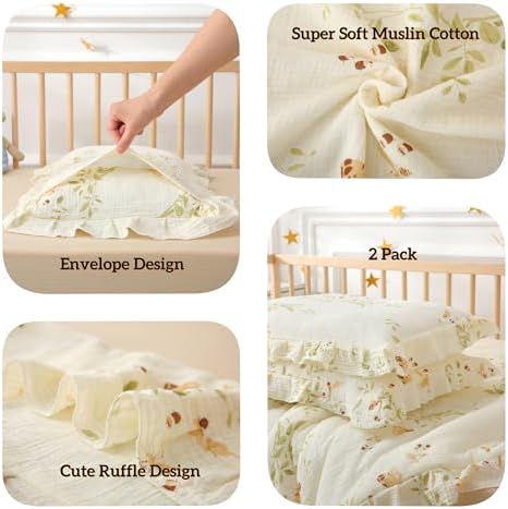 100% Cotton Muslin Toddler Pillowcase 2 Pack，13"x 18" Ultra Soft Breathable Travel Pillow Case Cover,Ruffle Pillow Case for Newborn,Nursery,Boys,Girls,Machine Washable - Image 4