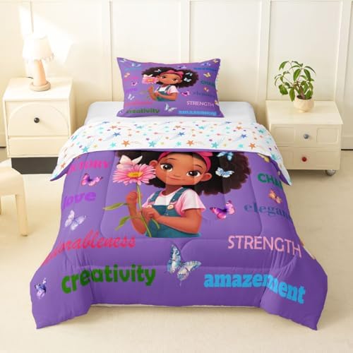 Erosebridal Black Girls Magical Comforter Set Butterflies Inspirational Quotes Toddler Bedding Set African American Comforter Afro Pretty Girls Duvet Insert for Nursery Kids Princess Cute Room Decor by Erosebridal
