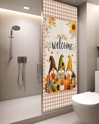 Window Privacy Film Frosted, Thanksgiving Gnomes Static Cling Door Window Covering, Fall Orange White Pumpkin Maple Leaf UV Blocking Windows Film for Office, Hotel, Bedroom, 29.5 x 78.7 Inches - Image 3