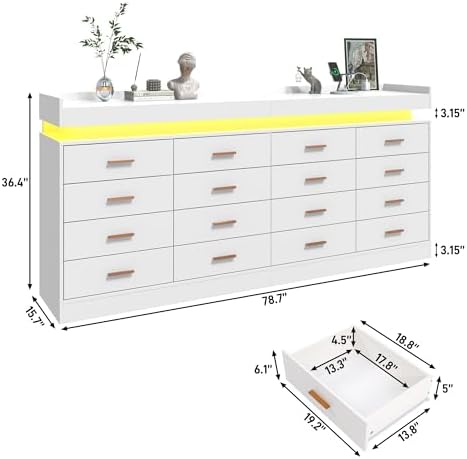 jiteentarou 16 Drawer Dresser with Charging Station and LED Lights, Modern Chest of Drawers with Power Outlet, Organizer Cabinet for Bedroom, Living Room, Entryway, White - Image 2