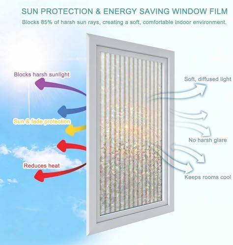 Thin Beige Striped Window Privacy Film Rainbow Static Cling Stain Glass Window Film for Glass Door, Decorative Heat Blocking Sunroof Decal Sticker for Car 35.4"x78.7" Farmhouse Modern Stripes - Image 4