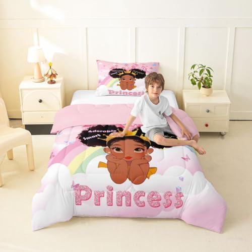 Erosebridal Black Girls Toddler Comforter Set Pink Rainbow Princess Bedding Set for Kids Nursery African American Quilt Set Black Princess Girl Duvet Insert Pretty Little Girls Inspirational Bed Set - Image 5