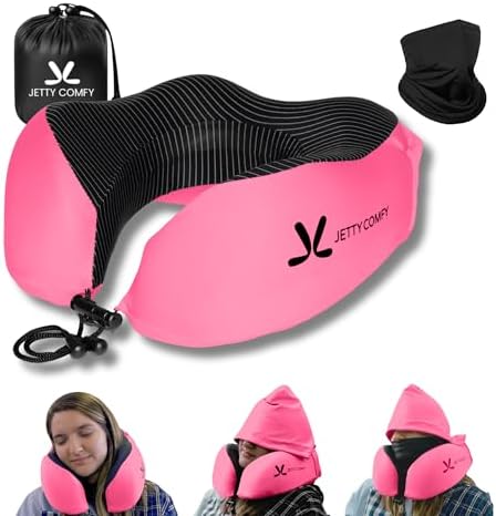 Premium Memory Foam Travel Neck Pillow with Hood and Face Cover for Privacy - Ergonomic Design for Sleeping on Plane, Bus, Train, Office (Pink) by Unknown