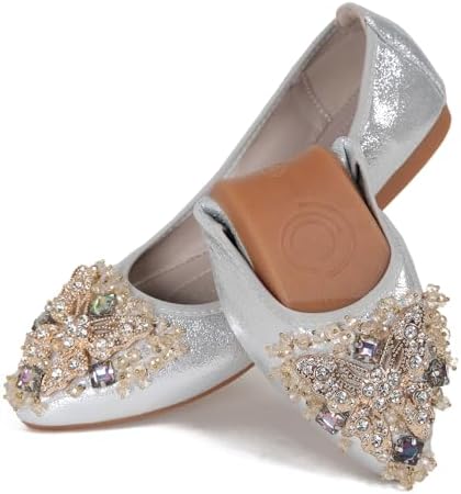 VYKF Womens Ballet Flats Foldable Rhinestone Pointed Toe Wedding Shoes Comfortable Slip on Flat Shoe by VYKF