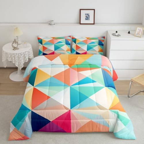 Erosebridal Colorful Geometric King Comforter Set,Cute Rainbow Bedding Set for Kids Adults Room Decor,Abstract Aesthetic Quilt Bed Set Watercolor Checkered Grid Down Comforter 3Pcs - Image 2