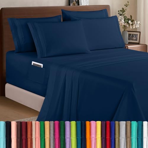 Elegant Comfort 1500 Premium Quality 6-Piece Bed Sheet Set - 18-24 Inch Extra Deep Pocket, Smart Storage Pockets, Wrinkle Free Ultra Soft 6PC Extra Deep Pocket Sheets, California King, Navy Blue by ELEGANTCOMFORT