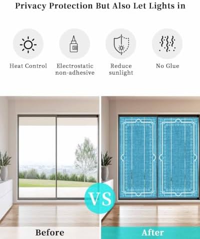Window Privacy Film Frosted, Azure Blue Botanical Static Cling Door Window Covering, Vintage Florals Geometric Minimalist UV Blocking Windows Film for Office, Hotel, Bedroom, 29.5 x 78.7 Inches - Image 6