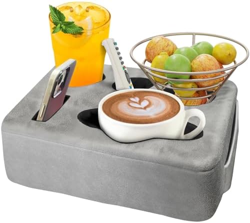 Couch Bed Cup Holder Pillow, Nisdoing 5 Hole Couch Drink Holder! Keep Drinks Hand Side and KeepTemp, Prevent Spills and Use Anywhere. Cup Holder for Couch, Bed,Camping,RV,Car,Beach. Gray by NISDOING