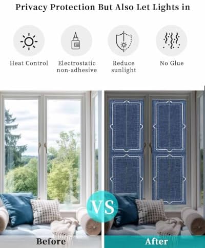 Window Privacy Film Frosted, Navy Blue Botanical Reusable Static Cling Window Tints, Vintage Florals Geometric Minimalist Heat Control Windows Films for Offices, Balcony, 29.5 x 118 Inches - Image 6
