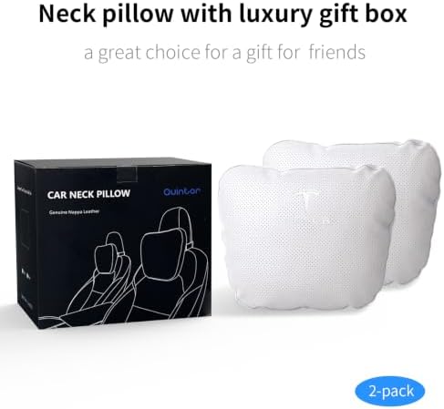Quintor Genuine Nappa Leather Car Neck Pillow Custom Fit for Model 3/Y/S/X, Adjustable Headrest Cushion for Driving Support and Relaxation, 2-Pack Gift Set (White) - Image 2