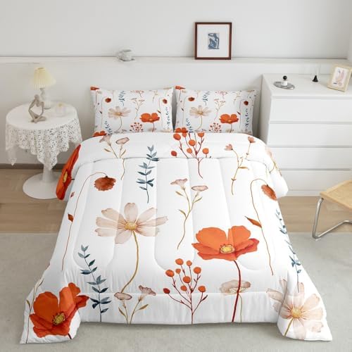 Erosebridal Watercolor Flower Comforter Set Full, Retro Orange Beige Floral Bedding Set for Kids Teens Adult Women, Modern Minimalist White Quilt Branches Pastoral Duvet Insert with 2 Pillow Cases - Image 2