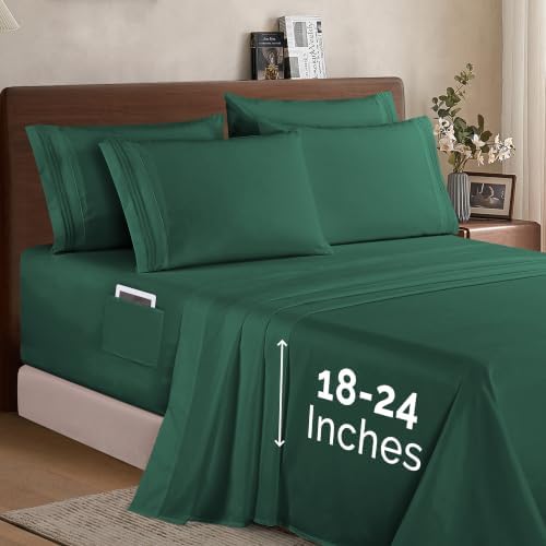 Elegant Comfort 1500 Premium Quality 6-Piece Bed Sheet Set - 18-24 Inch Extra Deep Pocket, Smart Storage Pockets, Wrinkle Free Ultra Soft 6PC Extra Deep Pocket Sheets, Queen, Hunter Green - Image 2