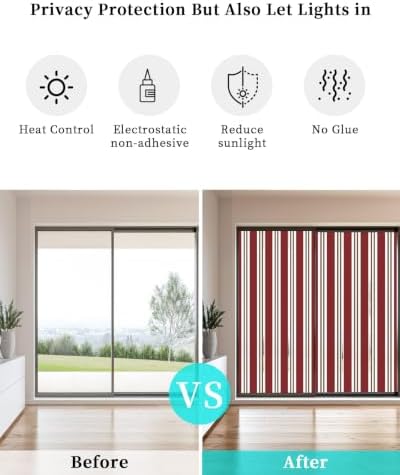 Window Privacy Film Frosted, Red Brown Striped Static Cling Door Window Covering, Modern Farmhouse Vertical Stripes UV Blocking Windows Film for Office, Hotel, Bedroom, 29.5 x 78.7 Inches - Image 6