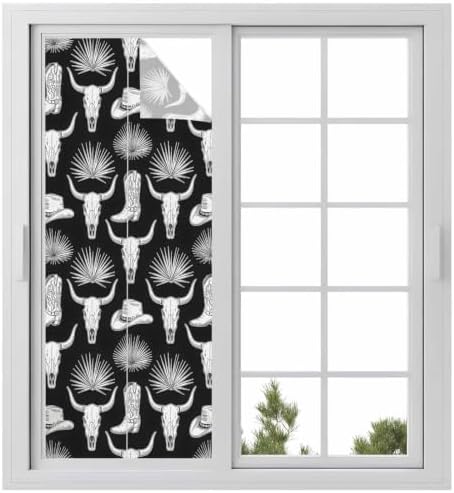 Window Privacy Film Frosted, Horror Skulls Static Cling Door Window Covering, Southwestern Horns Boho Tribal Hats Boots UV Blocking Windows Film for Office, Hotel, Bedroom, 29.5 x 78.7 Inches by Unknown