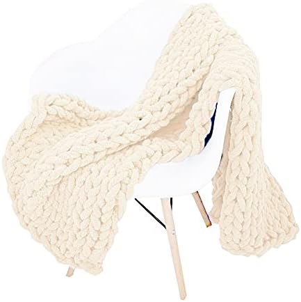 Chunky Knit Throw Blanket Chenille Yarn Soft Cozy Bulky Knitted Blanket for Sofa Bed Chair Large Hand Made Boho Home Decor Beige 40x60 by Unknown