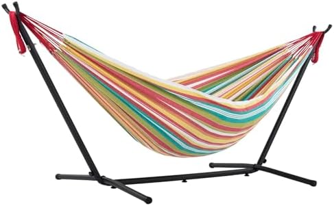 Vivere Double Cotton Hammock with Space Saving Steel Stand, Upgraded Polyester End Strings 450 lb Capacity - Premium Carry Bag Included - USA Grown Cotton (Salsa) by Vivere