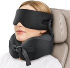 Travel Pillow for Long Flight Airplanes, Head Strap Combo & Eye Mask for Sleep, Airplane Neck Pillow with 360° Support Memory Foam to Prevent Head Bobbing, Road Trip Essentials, EVA Case, Black by Unknown