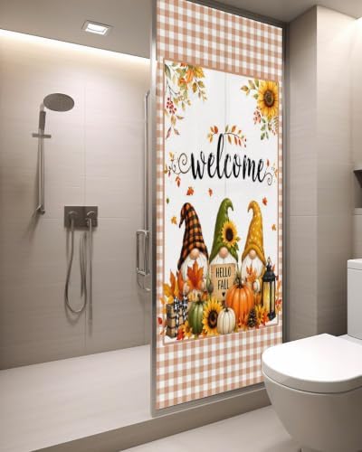 Window Privacy Film Frosted, Thanksgiving Static Cling Door Window Covering, Fall Gnomes Pumpkin Maple Flowers Plaid UV Blocking Windows Film for Office, Hotel, Bedroom, 29.5 x 78.7 Inches - Image 3