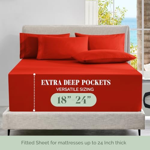 Elegant Comfort Luxury Soft 6-Piece 1500 Premium Hotel Quality Bed Sheet Set with Extra Deep Pockets 18-24 Inch, Wrinkle Free, Storage Pockets, Extra Deep Pocket 6PC Sheets, Cal King, Red - Image 4