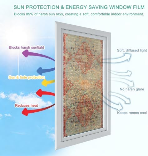 Red Blue Boho Window Privacy Film Rainbow Static Cling Stain Glass Window Film for Glass Door, Decorative Heat Blocking Sunroof Decal Sticker for Car 29.5"x118" Ehtnic Abstract Art Modern Geometric - Image 4