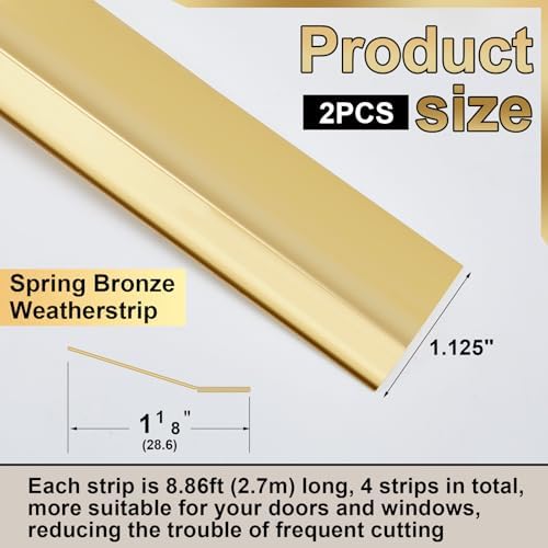 Zonon 1-1/8" W x 17.72' L Spring Bronze Weather Stripping Metal Brass Weather Strip Copper Weatherstripping for Exterior Old Door or Window Seal with Mounting Nails(Flat) - Image 2